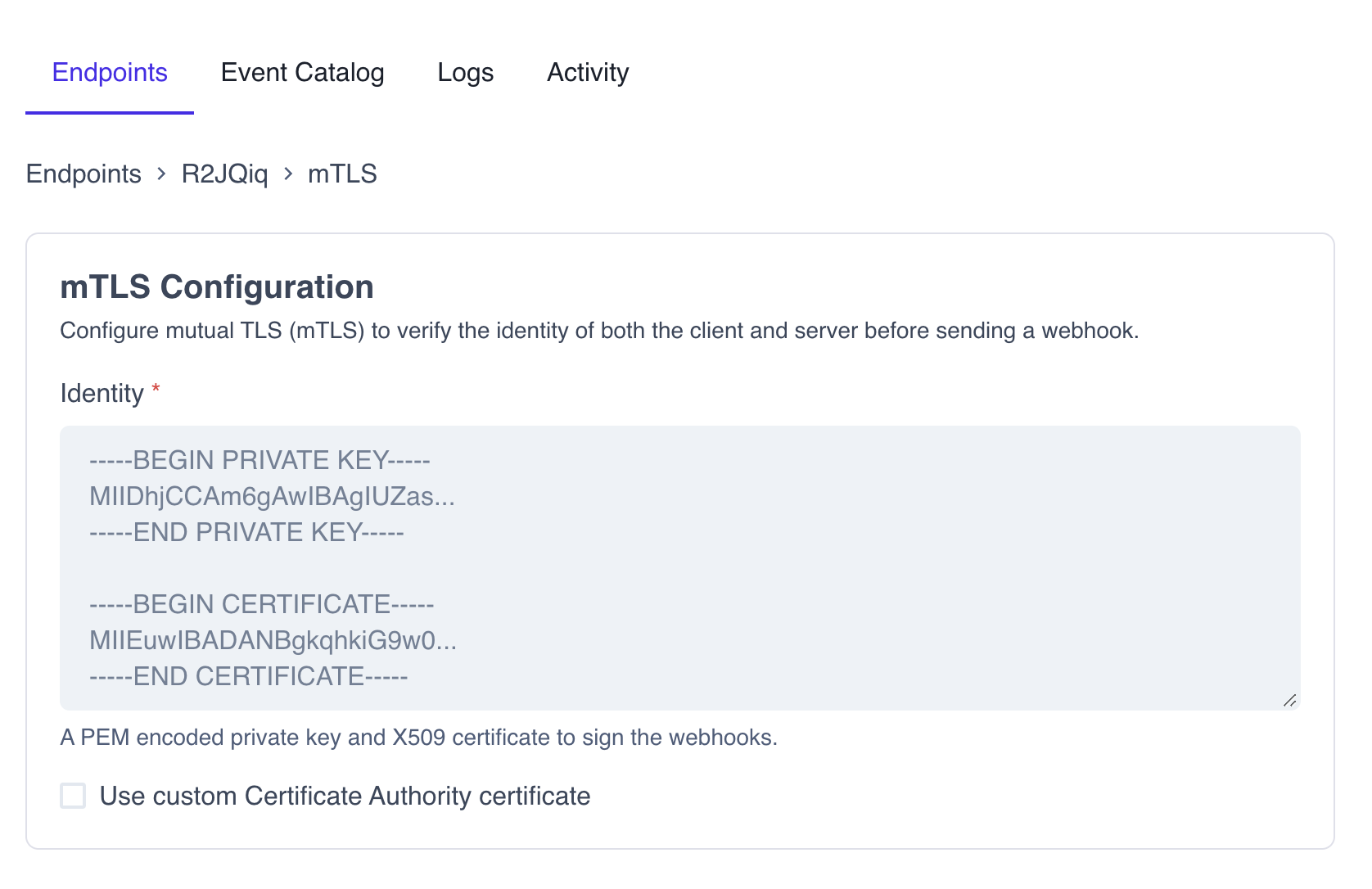 A fragment of the webhook UI that allows you to configure mTLS on your webhook consumers